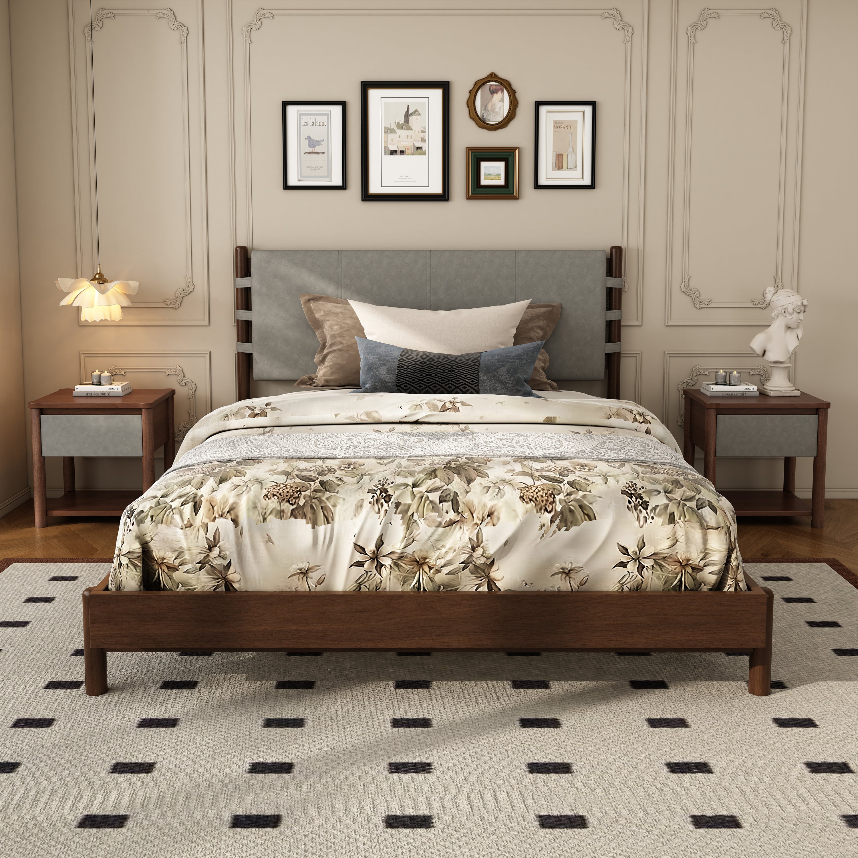 Modern Queen Bed Frame Set with 2 Nightstands, Light Gray Wood Platform Bed with Headboard and Matching Bedside Tables for Bedroom