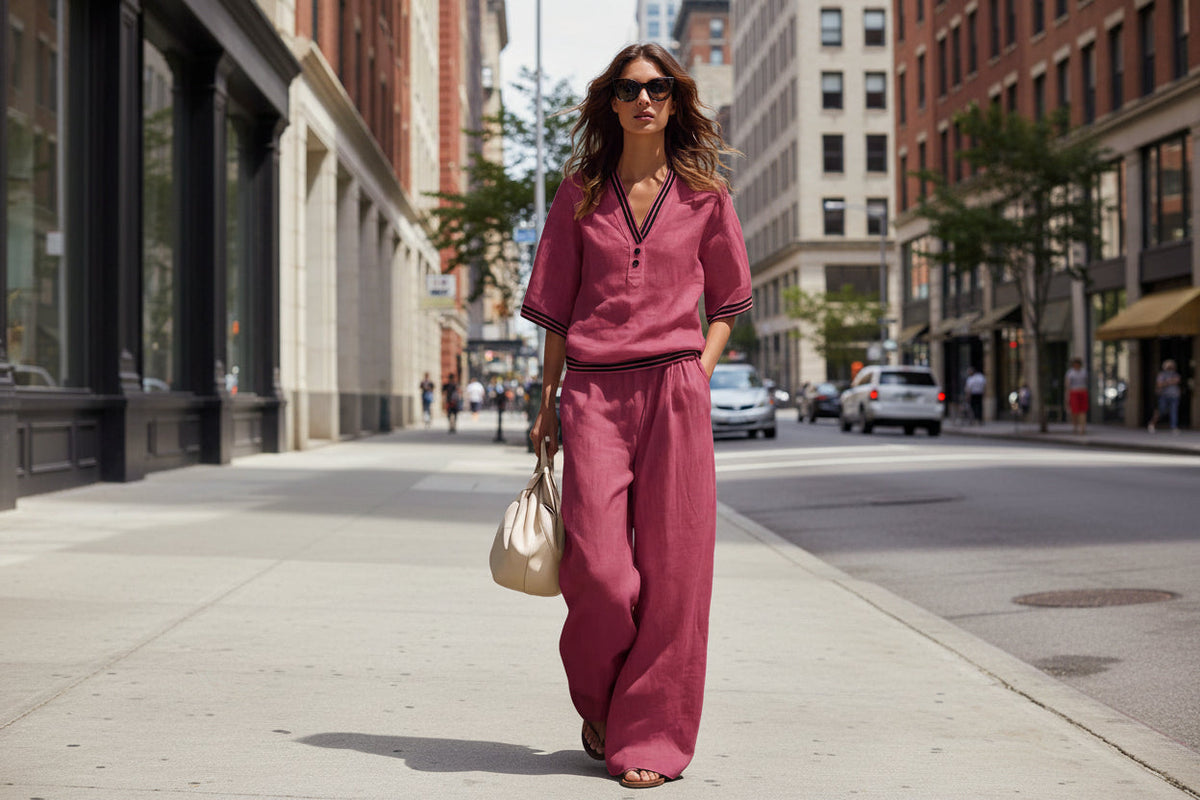 V-Neck Short-Sleeve Shirt & Pants Set – Cotton-Linen Two-Piece