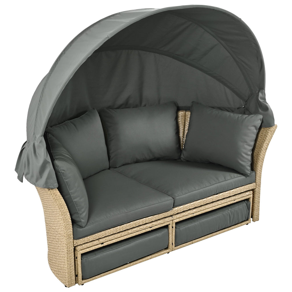Outdoor Patio Daybed Wicker Rattan Double Daybed with Retractable Canopy, Grey, Polyester Upholstery, 71.7 x 63.4 x 62.2 inches