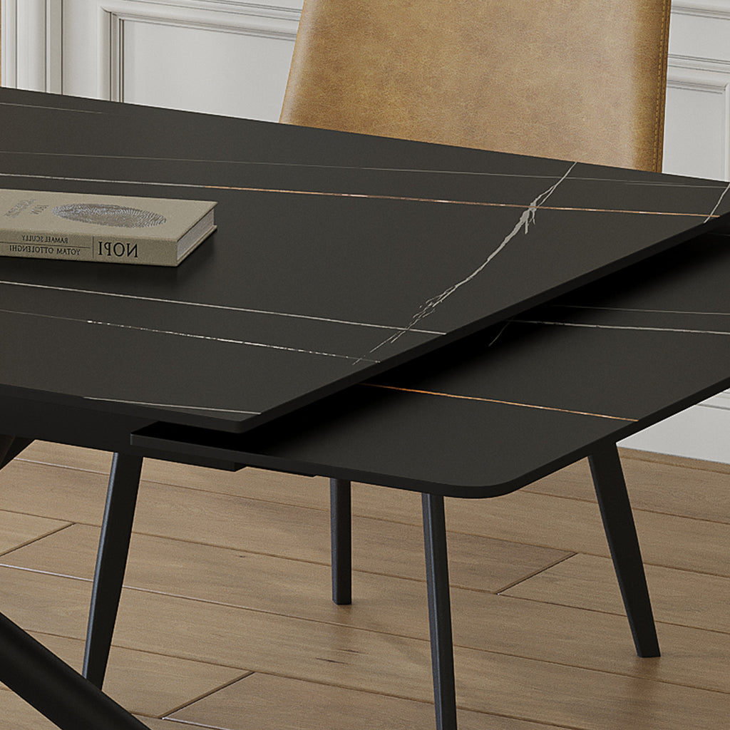 Modern Retractable Sintered Stone Dining Table with Black Carbon Steel Legs, 83 Inches for 6-8 Seats