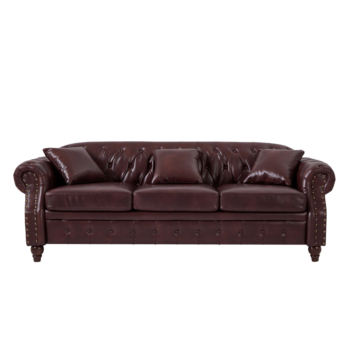 85.8' Living Room Chesterfield Sofa Classic Tufted Design Faux Leather PU Upholstered Sofa with Storage (Burgundy)