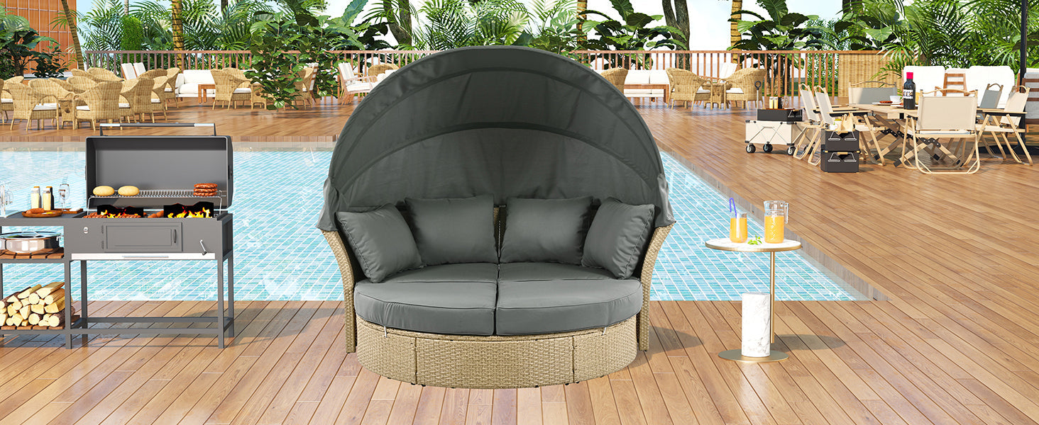 Outdoor Patio Daybed Wicker Rattan Double Daybed with Retractable Canopy, Grey, Polyester Upholstery, 71.7 x 63.4 x 62.2 inches