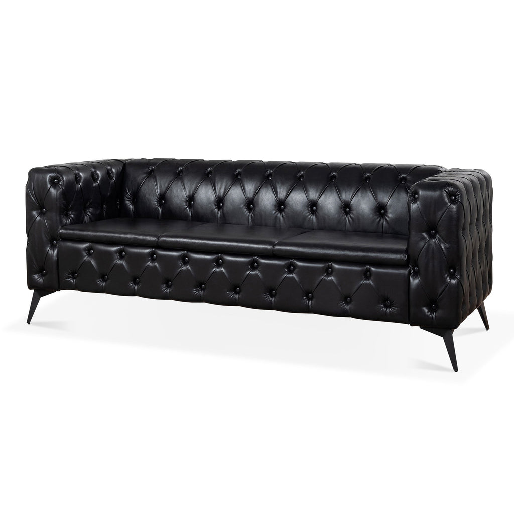 Traditional Square Arm Sofa with Removable Cushions in Black PU, 84.06 Inch Width