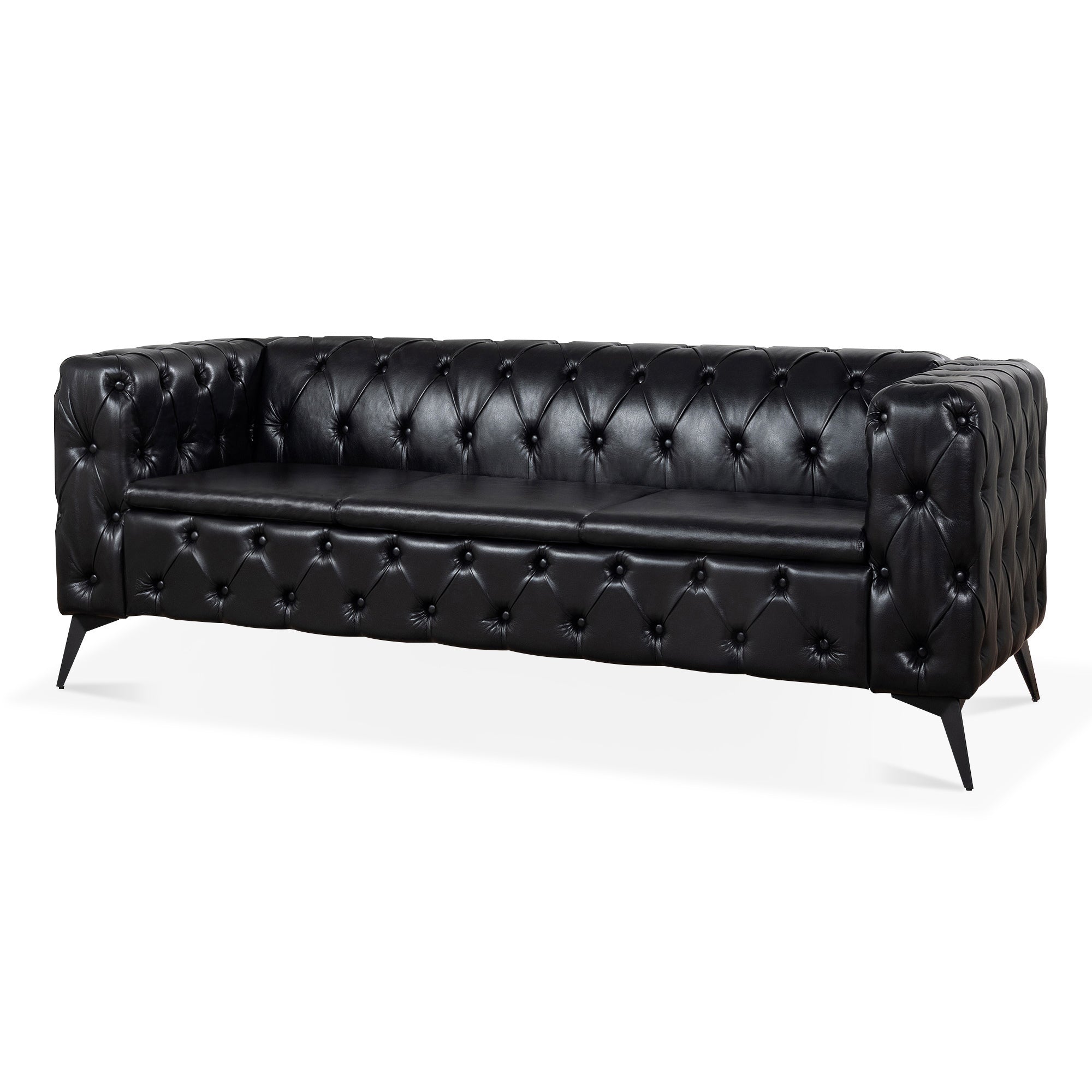 Traditional Square Arm Sofa with Removable Cushions in Black PU, 84.06 Inch Width