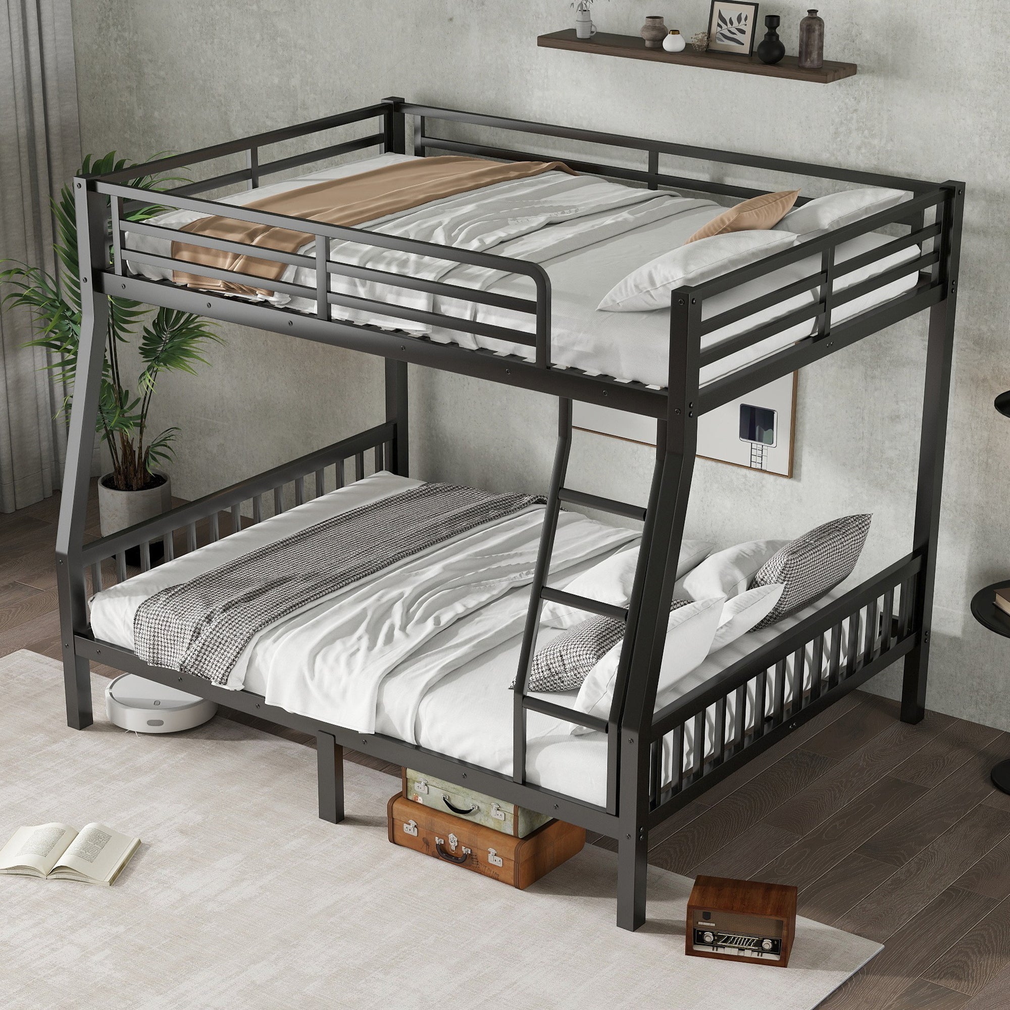 Full XL Over Queen Metal Bunk Bed with Ladder and Slats Support for Adults Teens, Black(Old SKU W2580S00002)