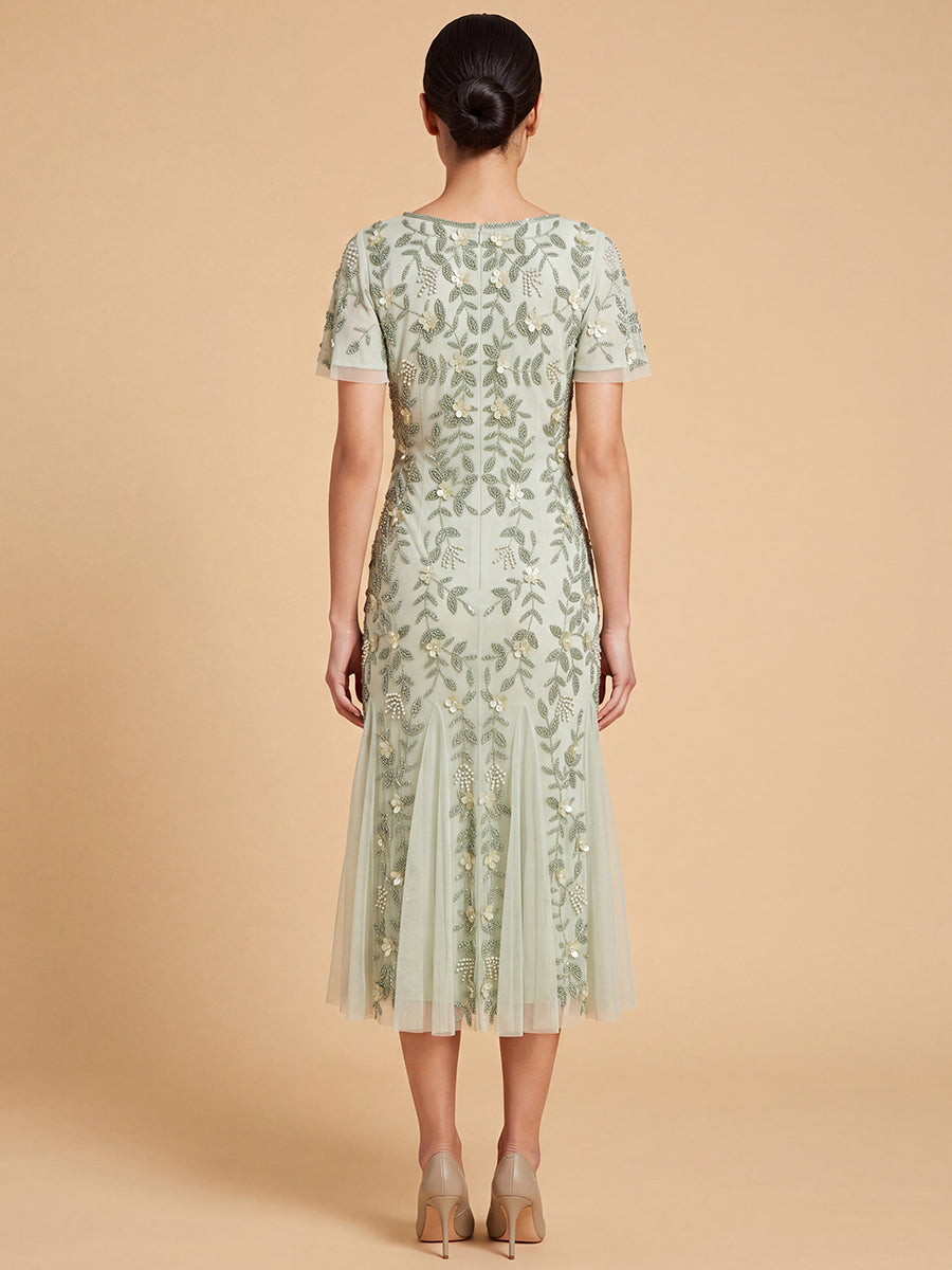 3D Floral Embellished Midi Dress with Cape Sleeves | 28853