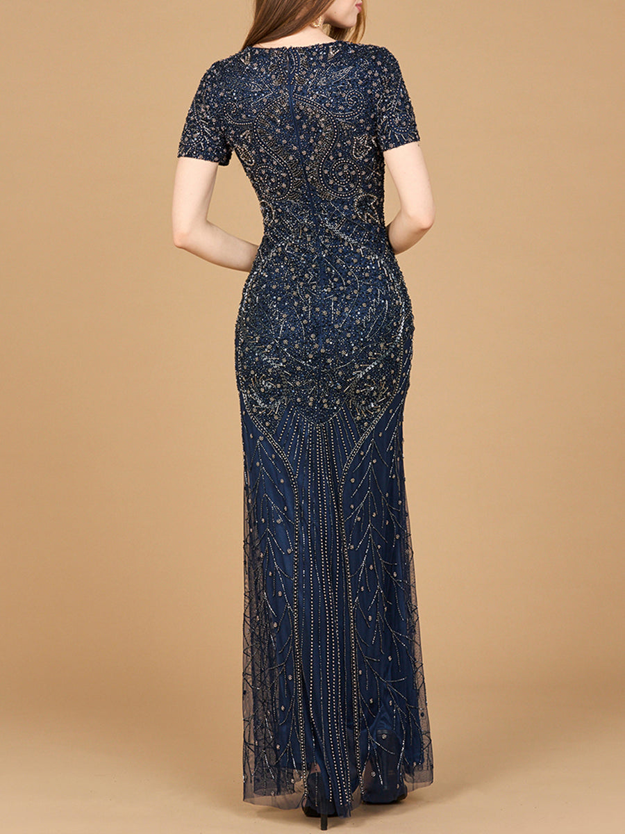 Short Sleeve Sheath Beaded Gown