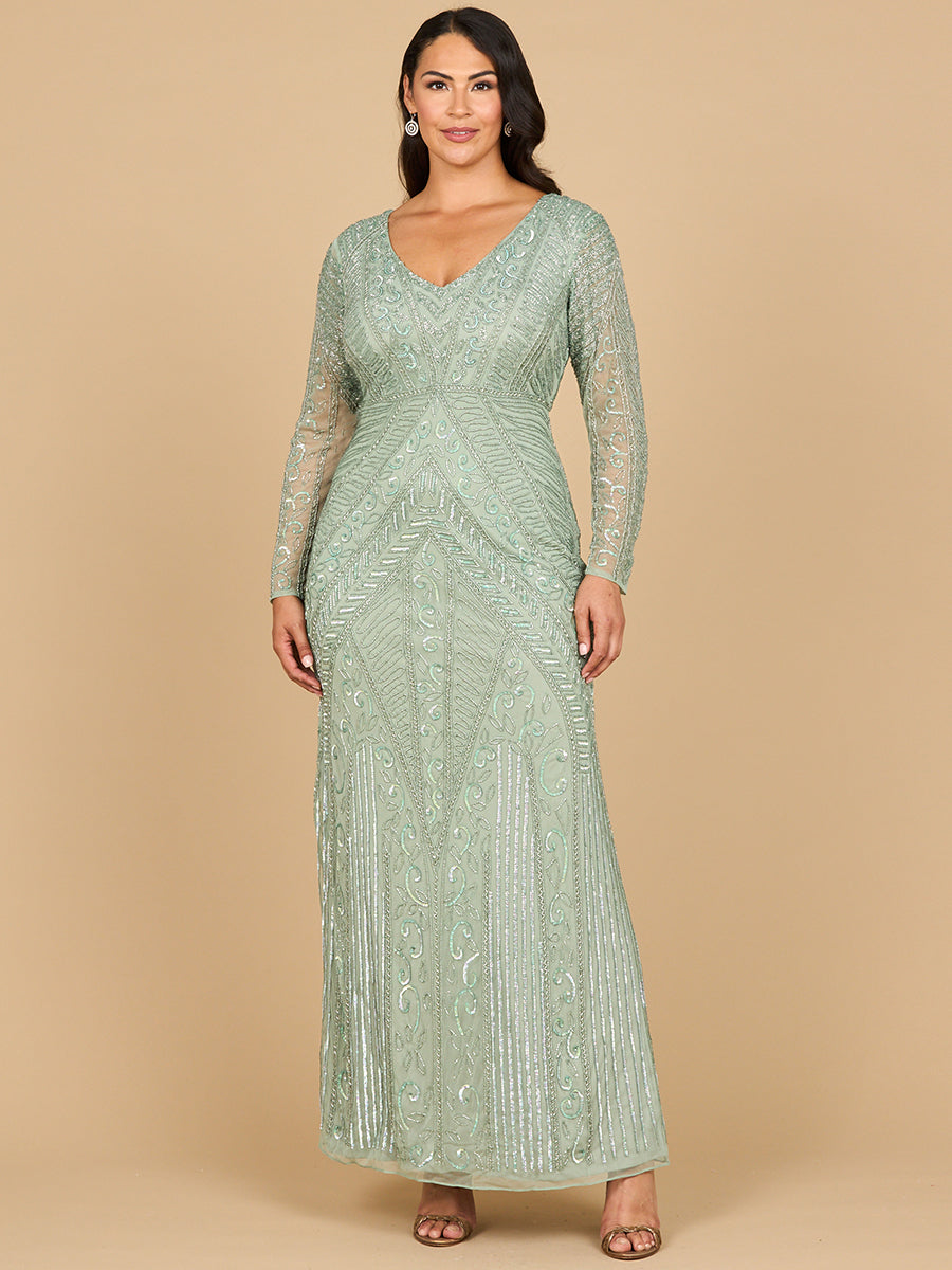 Lara 28875-  Long Sleeve Geometric Beaded Gown
