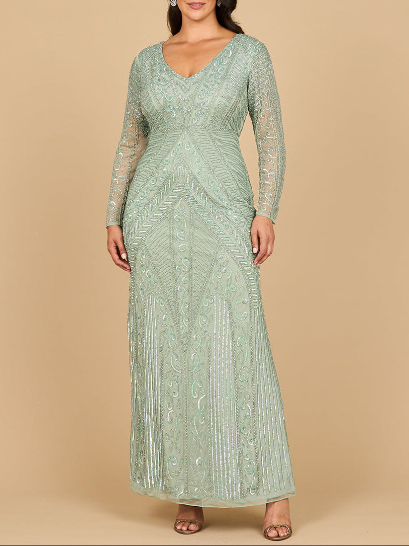Long Sleeve Geometric Beaded Gown | 28875