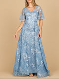 Overskirt Lace Fitted V-Neck Gown with Cape Sleeves | 28880