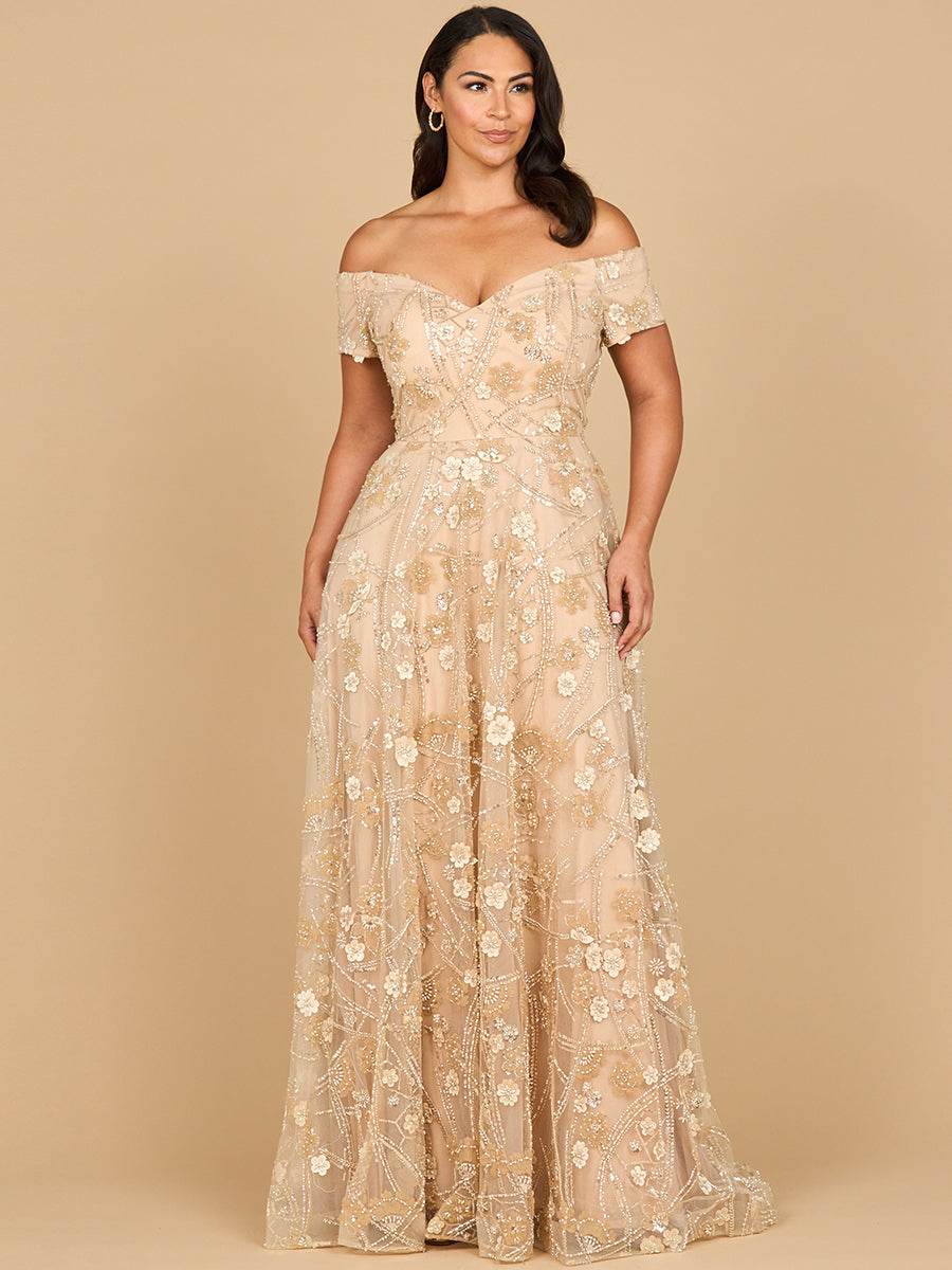Lara 28882- Off Shoulder A-Line Floral Gown