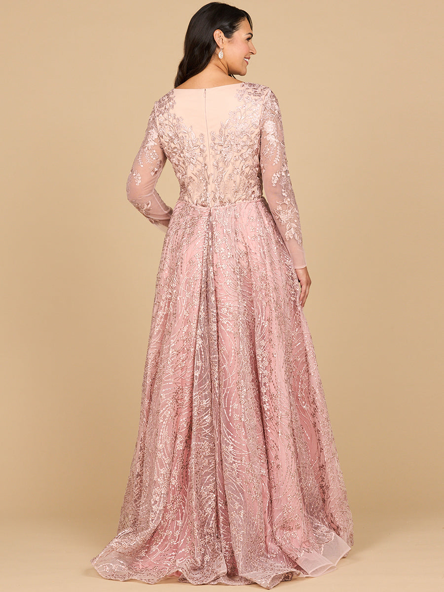 Long Sleeve Gown with Overskirt & Illusion Neckline