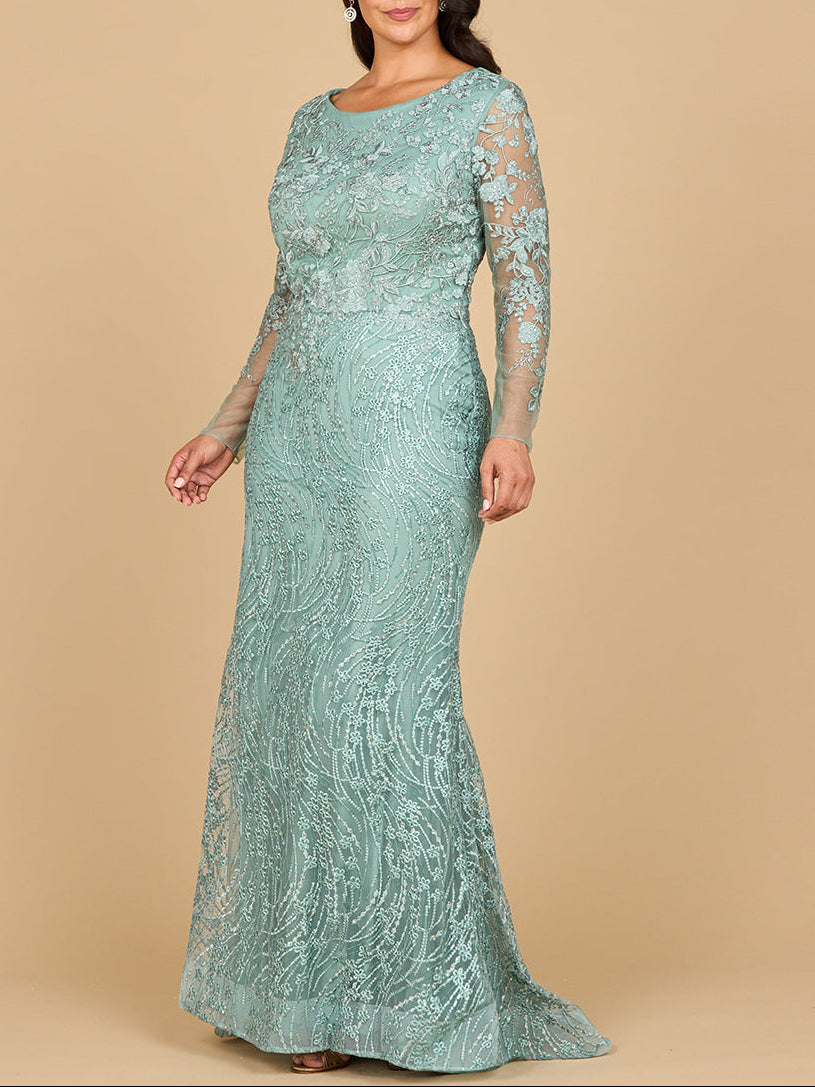 Long Sleeve Gown with Overskirt & Illusion Neckline