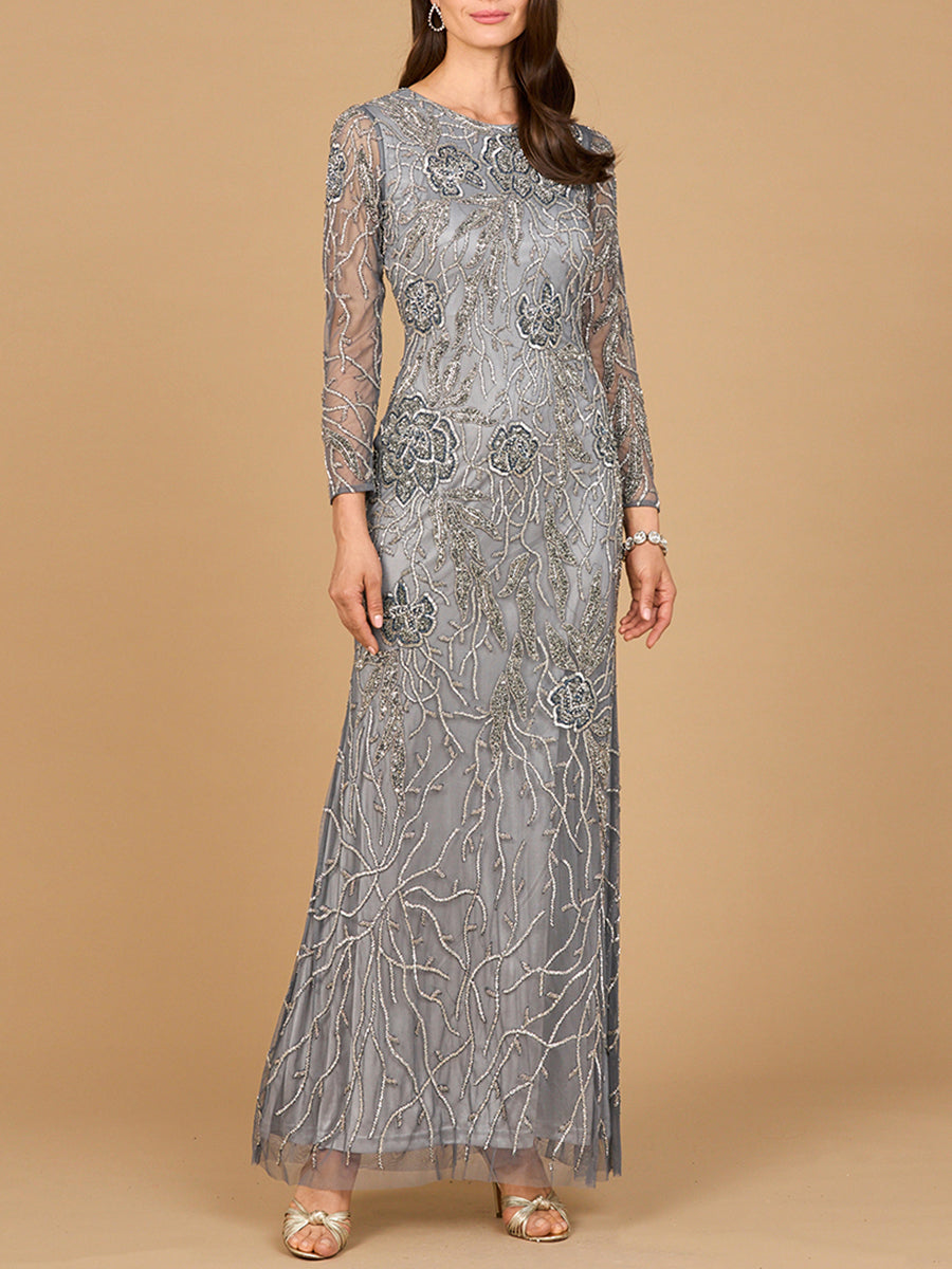 High Neck, Long Sleeve Beaded Gown