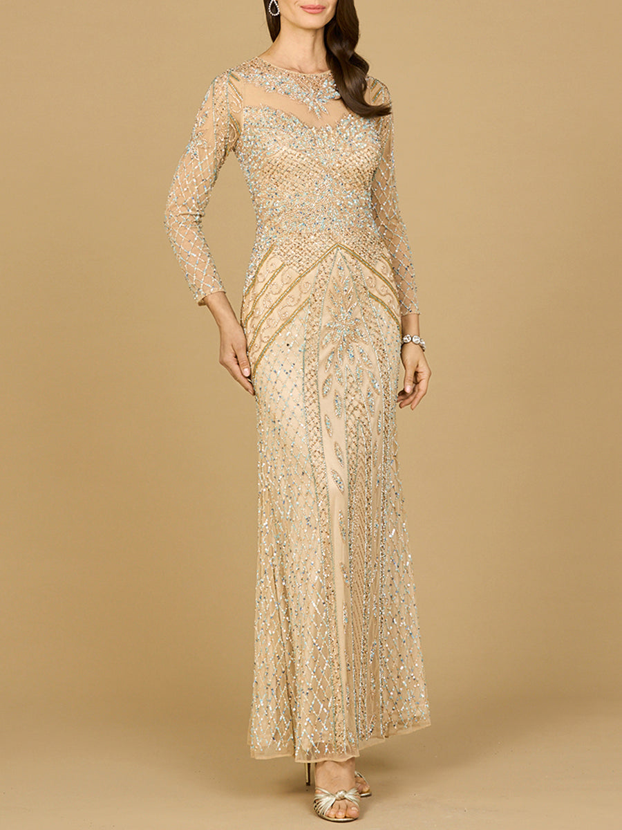 Illusion Neck, Long Sleeve Beaded Gown