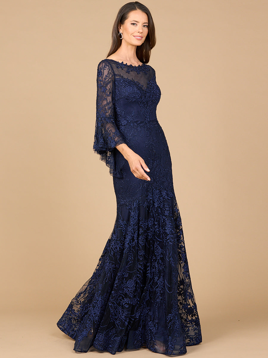 Illusion Neck, Long Bell Sleeve Gown