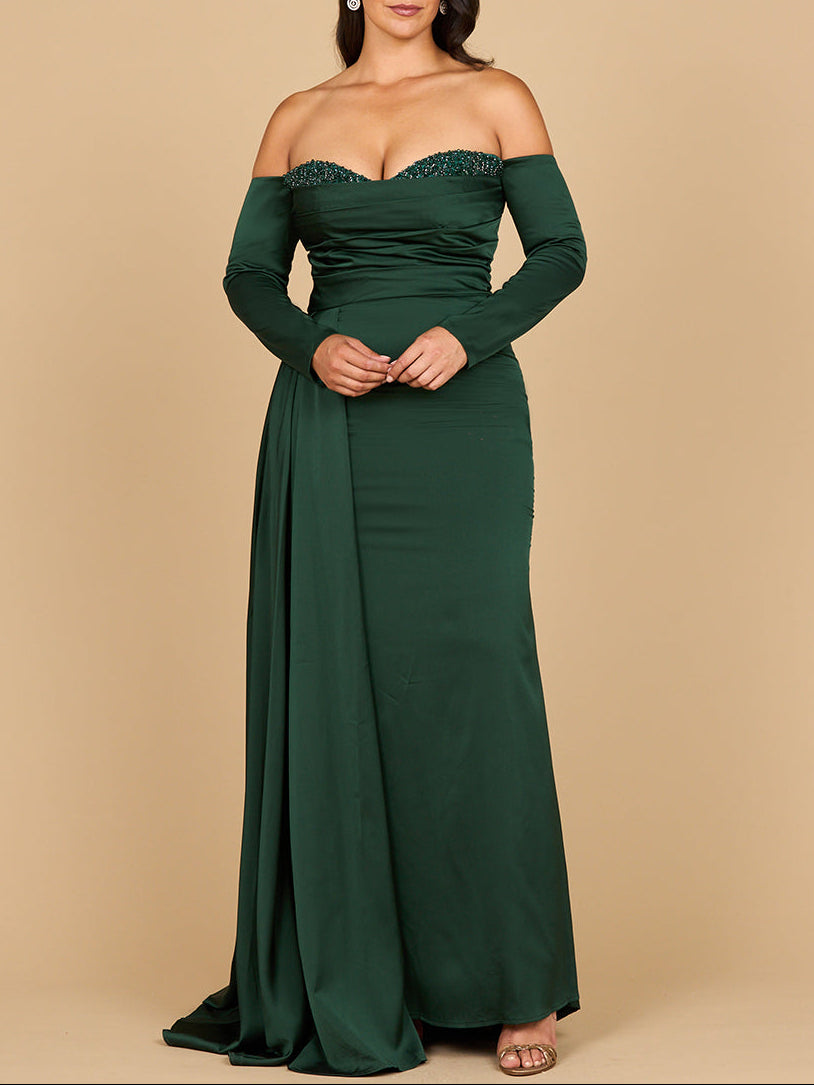 Off Shoulder Satin Dress with Beaded Details | Lara 28936