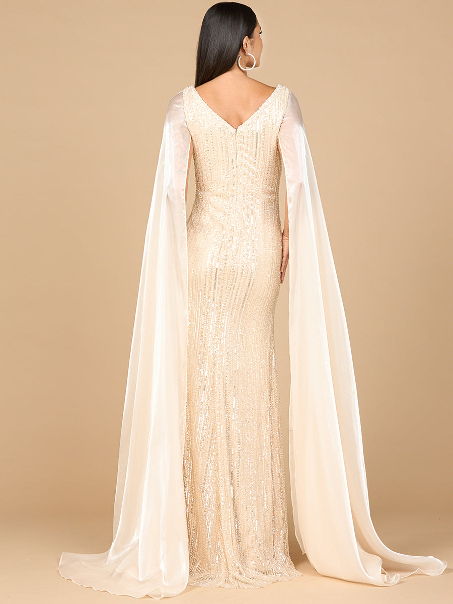 Beaded Gown with Satin Cape Sleeves