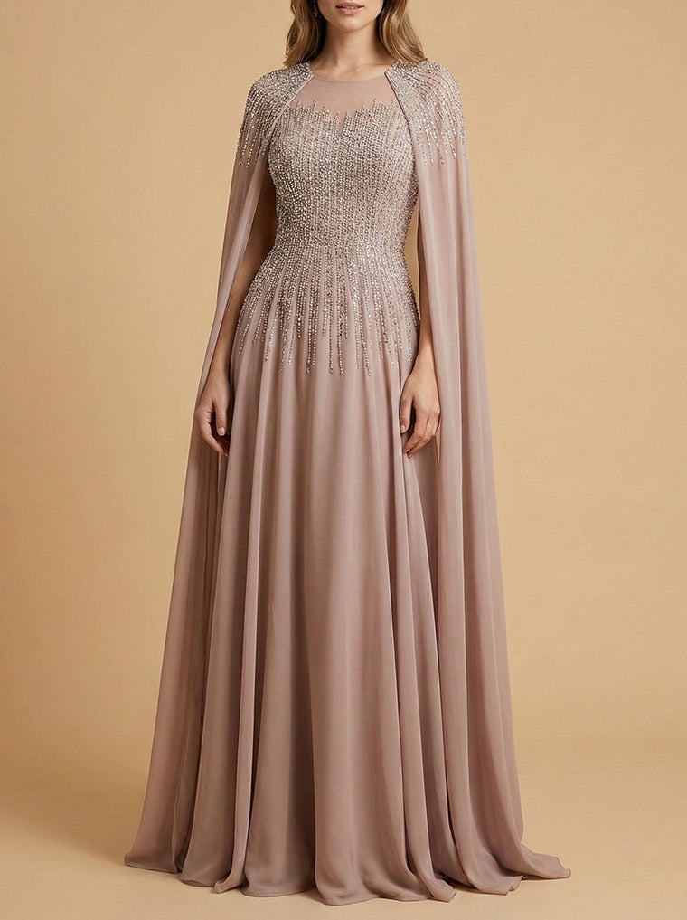 Chiffon A-line Long Gown with Long Cape Sleeves | Lara 28943