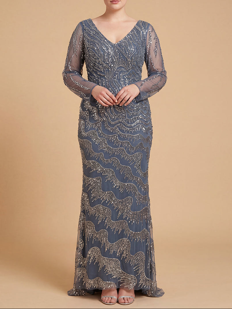 Long Sleeve V-Neck Sheath Gown | Lara 28949