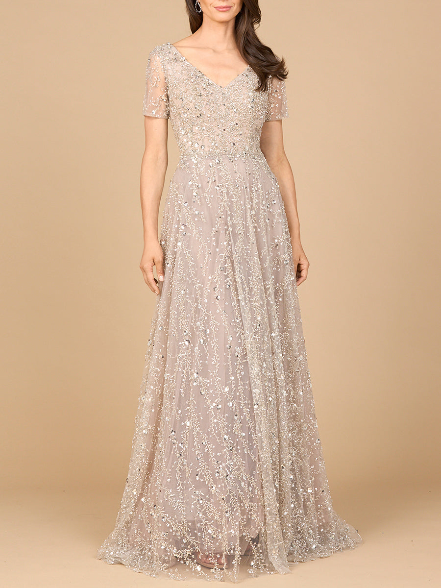 Short Sleeve V-Neck Beaded Ballgown