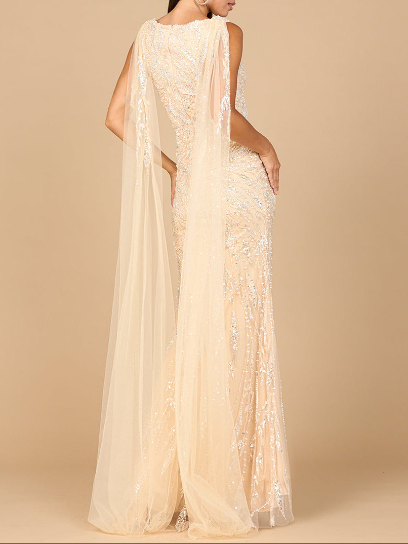 V-Neck Gown with Long Cape Sleeves