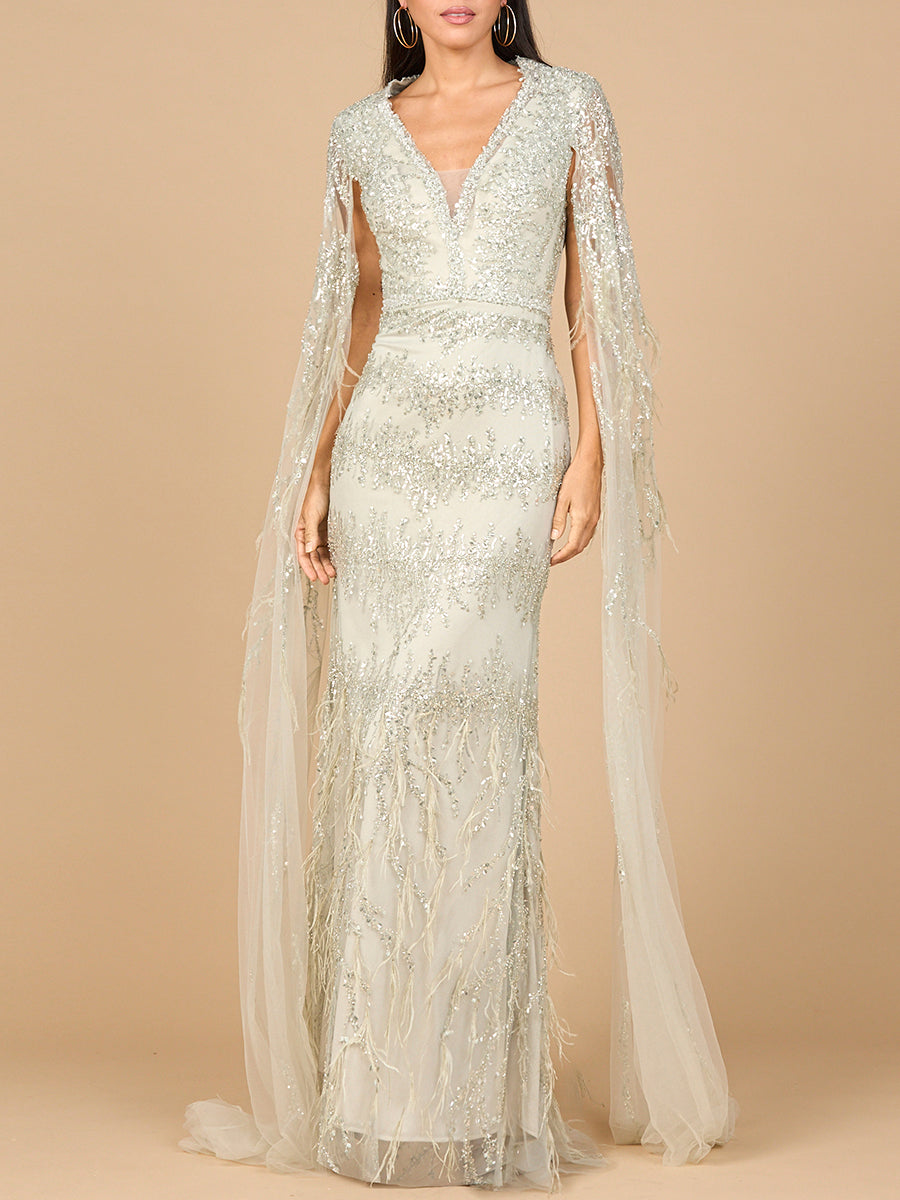 V-Neck Gown with Long Cape Sleeves and Feathers
