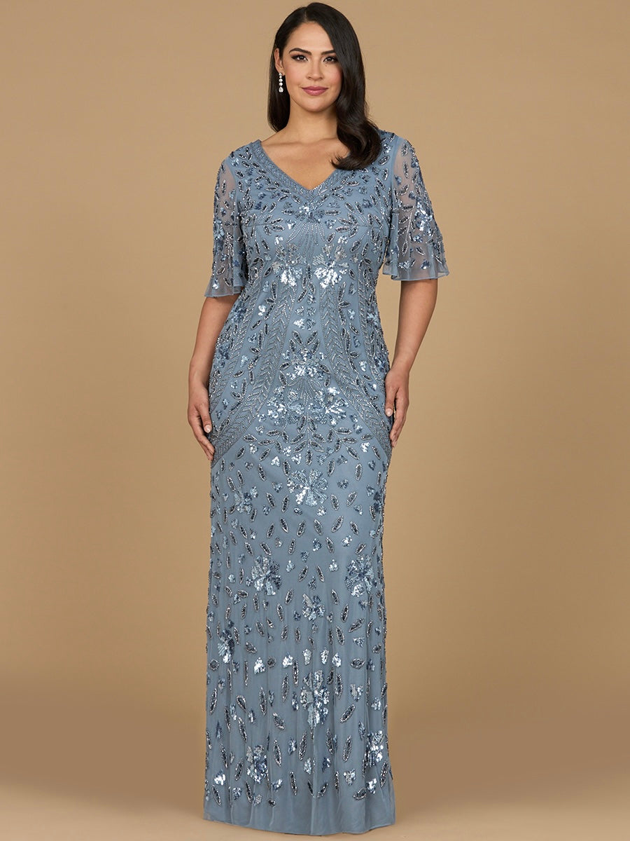 V-Neck, Cape Sleeve Beaded Gown