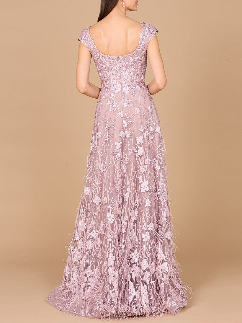 Cap Sleeves, A-line Dress with Feathers