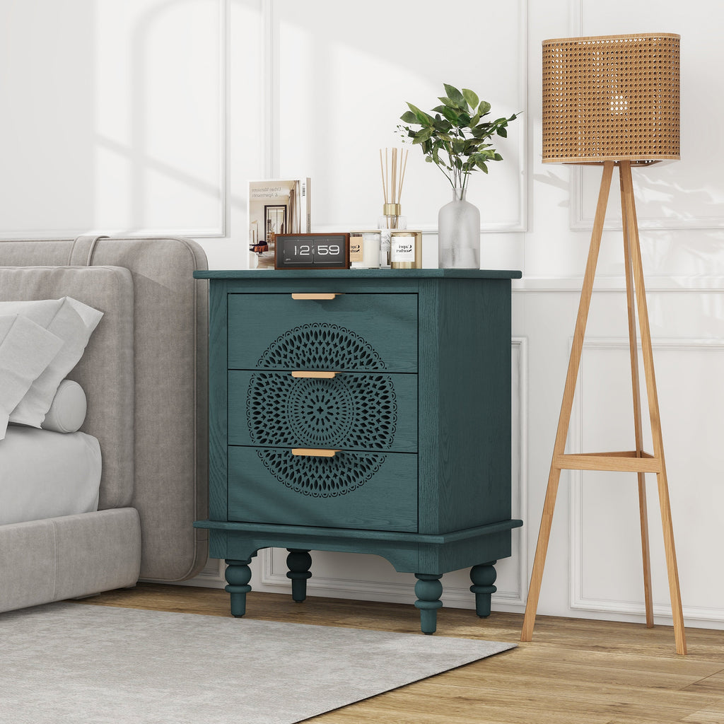 Blackish Green Hollow-Carved 3-Drawer Dresser with Metal Handles, MDF Storage Chest for Living Room or Bedroom