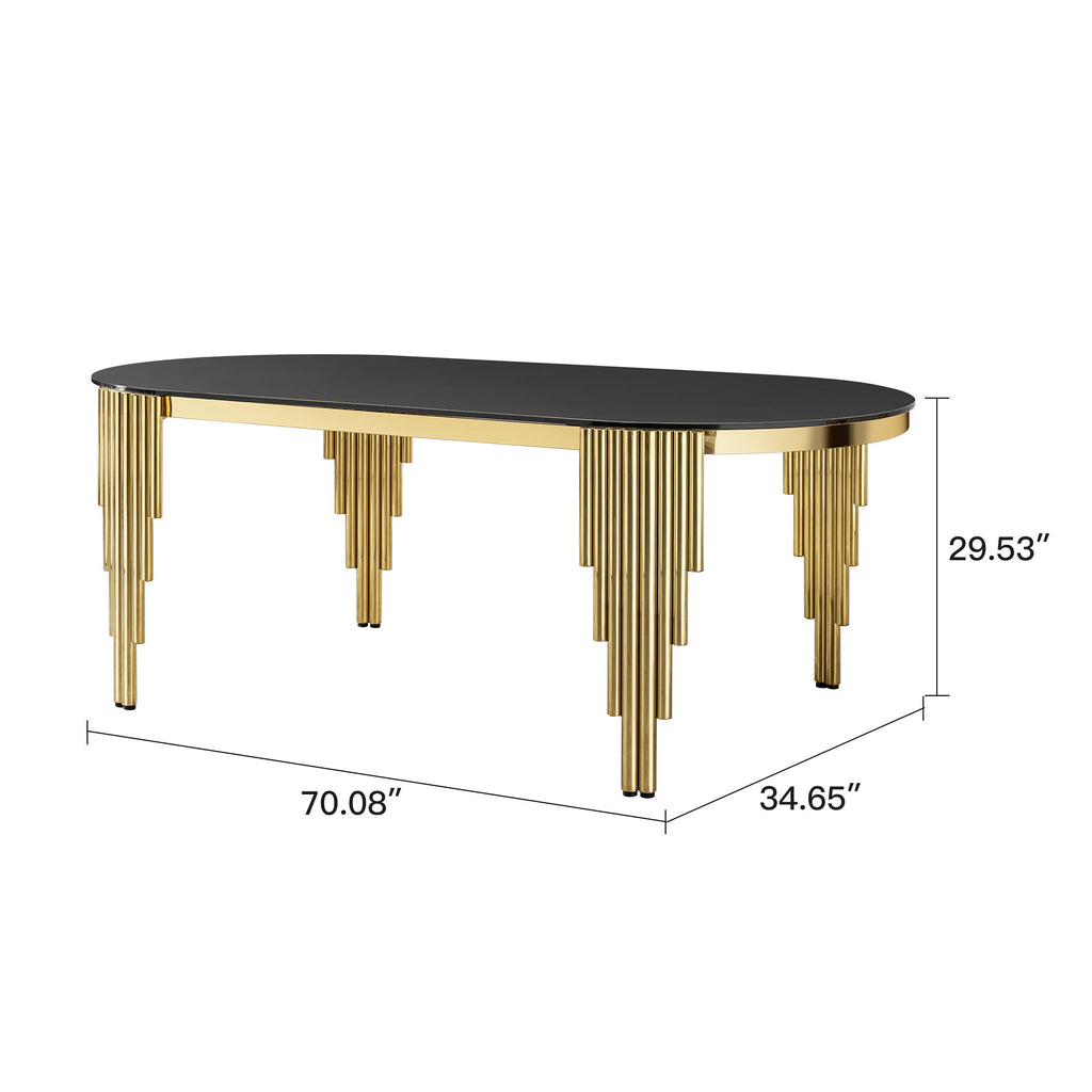 70.08 in. Oval Dining Table with Black Glass Top and Gold Stainless Steel Base, for 6 Seats