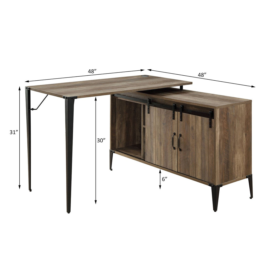 L-Shape Writing Desk with Side Cabinet, Rustic Oak and Black