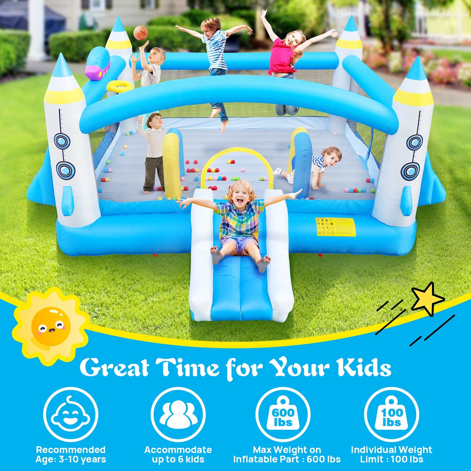 Multifunctional Jump 'n Slide Inflatable Bouncer for Kids Complete Setup with Blower - 198' x 180' Play Area - 96' Tall