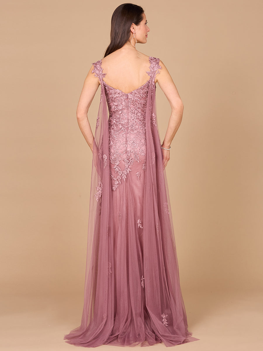 Embroidered Lace Gown with Flowing Capes