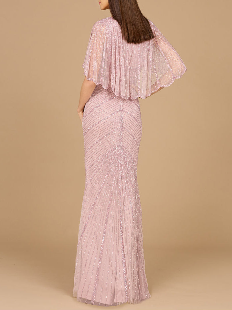Cape Sleeve Beaded Gown