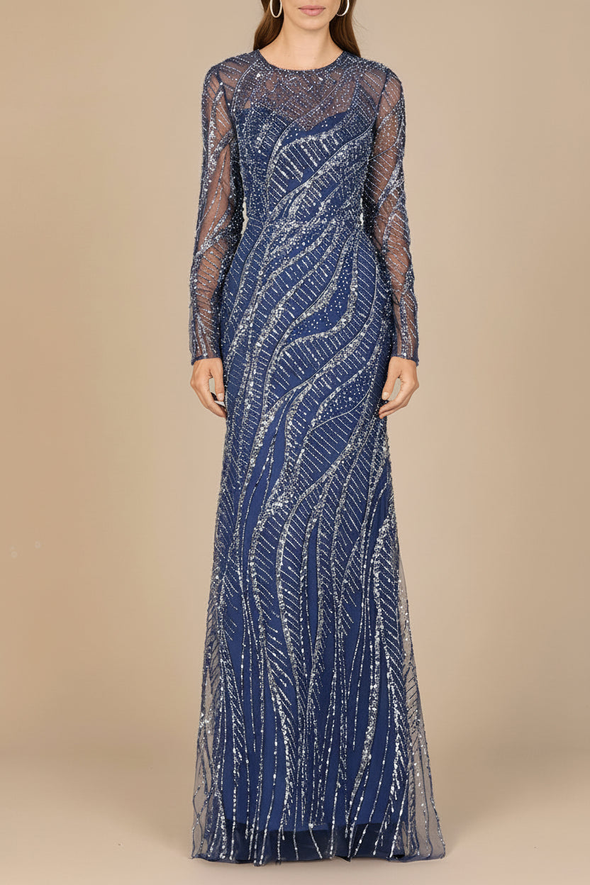 Long Sleeve Sheath Gown with Silver Beads