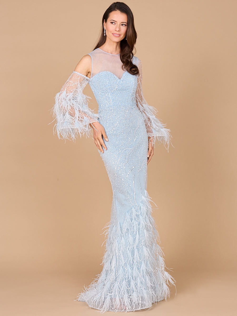 Cold Shoulder Mermaid Lace Gown with Feathers - OUTLET