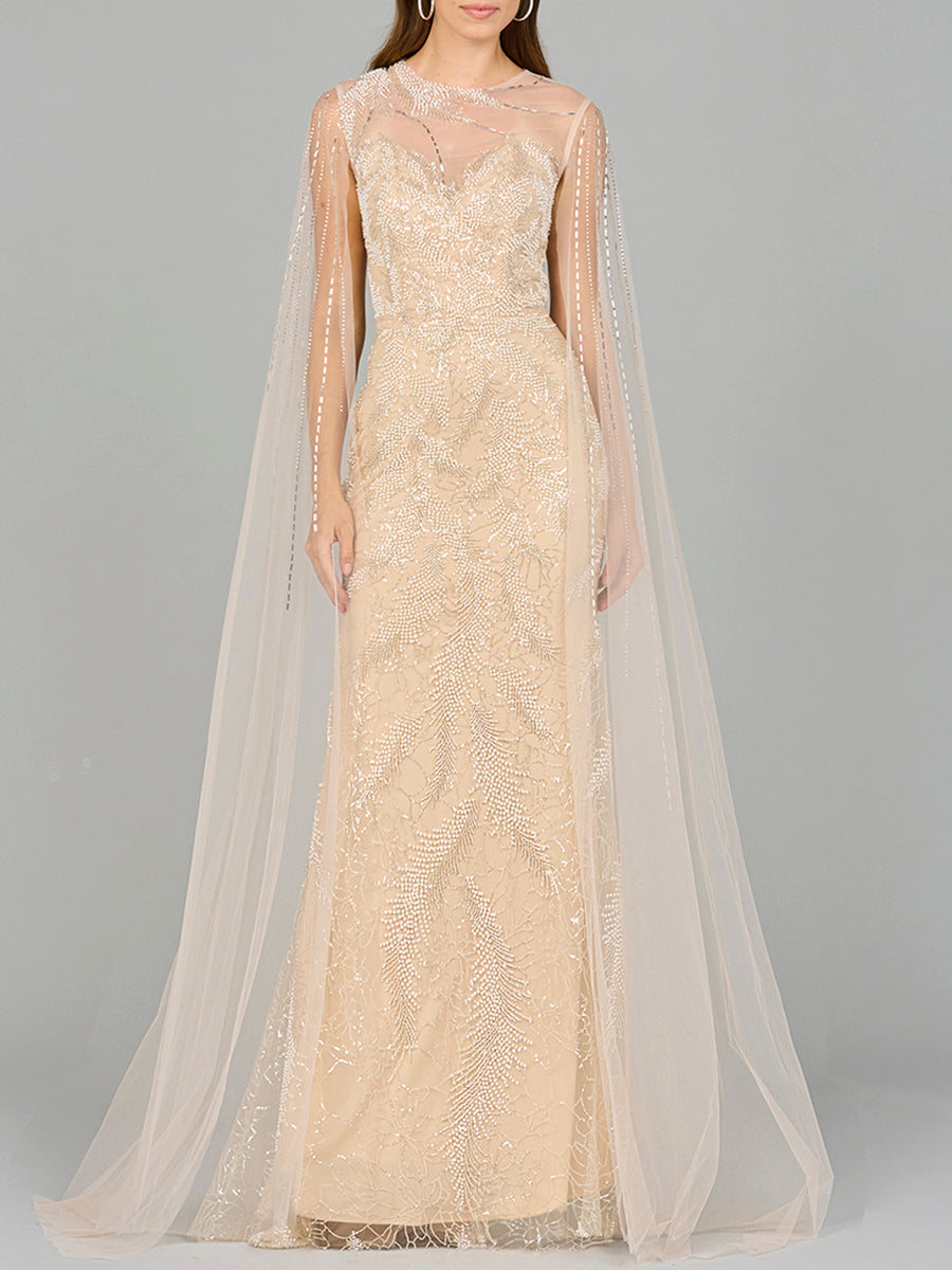 Long Cape Beaded Gown