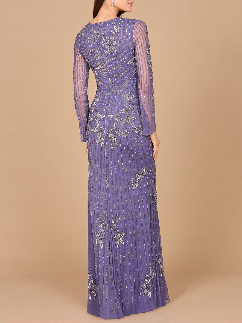 Long Sleeve, High Neck Beaded Gown - OUTLET