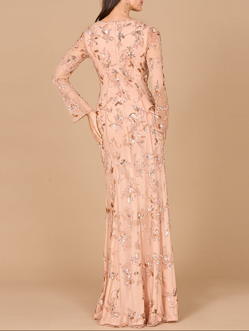 Beaded Dress with Sheer Long Sleeves