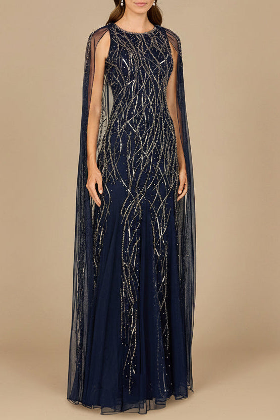 Elegant Beaded Dress with Long Cape