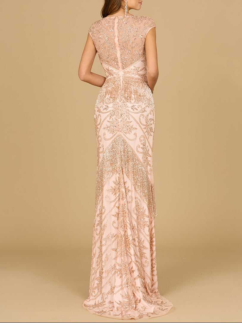 Cap Sleeve Beaded Gown with Fringe | 29098