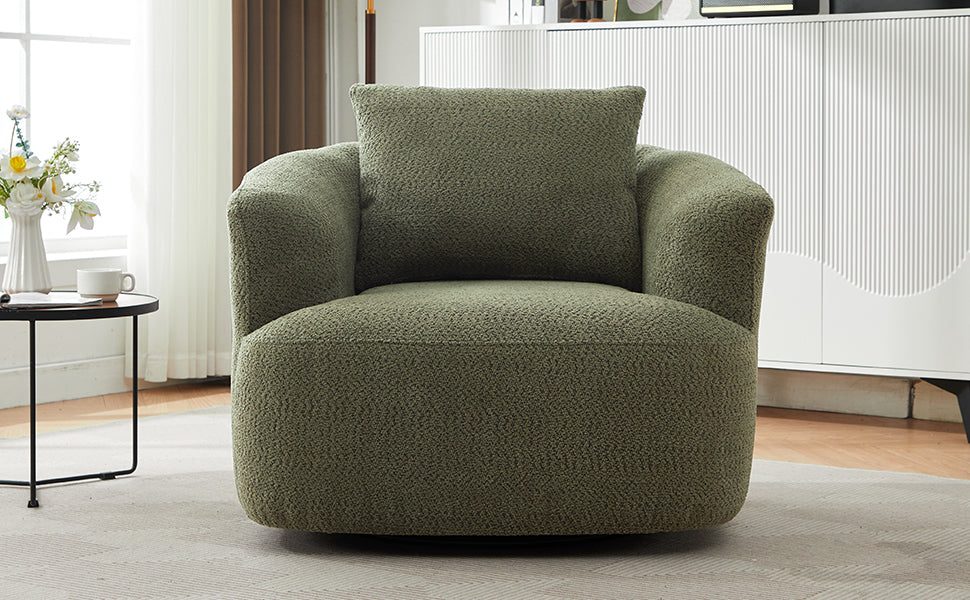 360° Swivel Chair, Chenille Upholstered Barrel Sofa Chair with Throw Pillow, Green, 38.2' for Living Room, Bedroom, Office