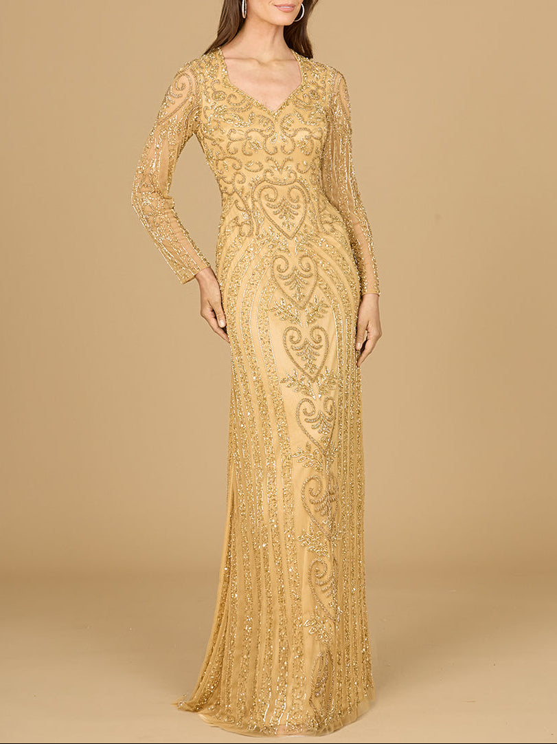 V Neck Beaded Long Sleeve Dress
