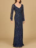 V-Neck Beaded Gown with Sleeves | 29120