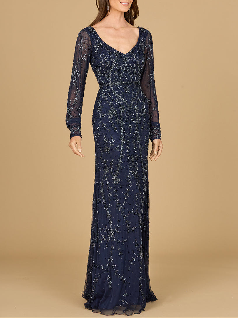 V-Neck Beaded Gown with Sleeves | 29120