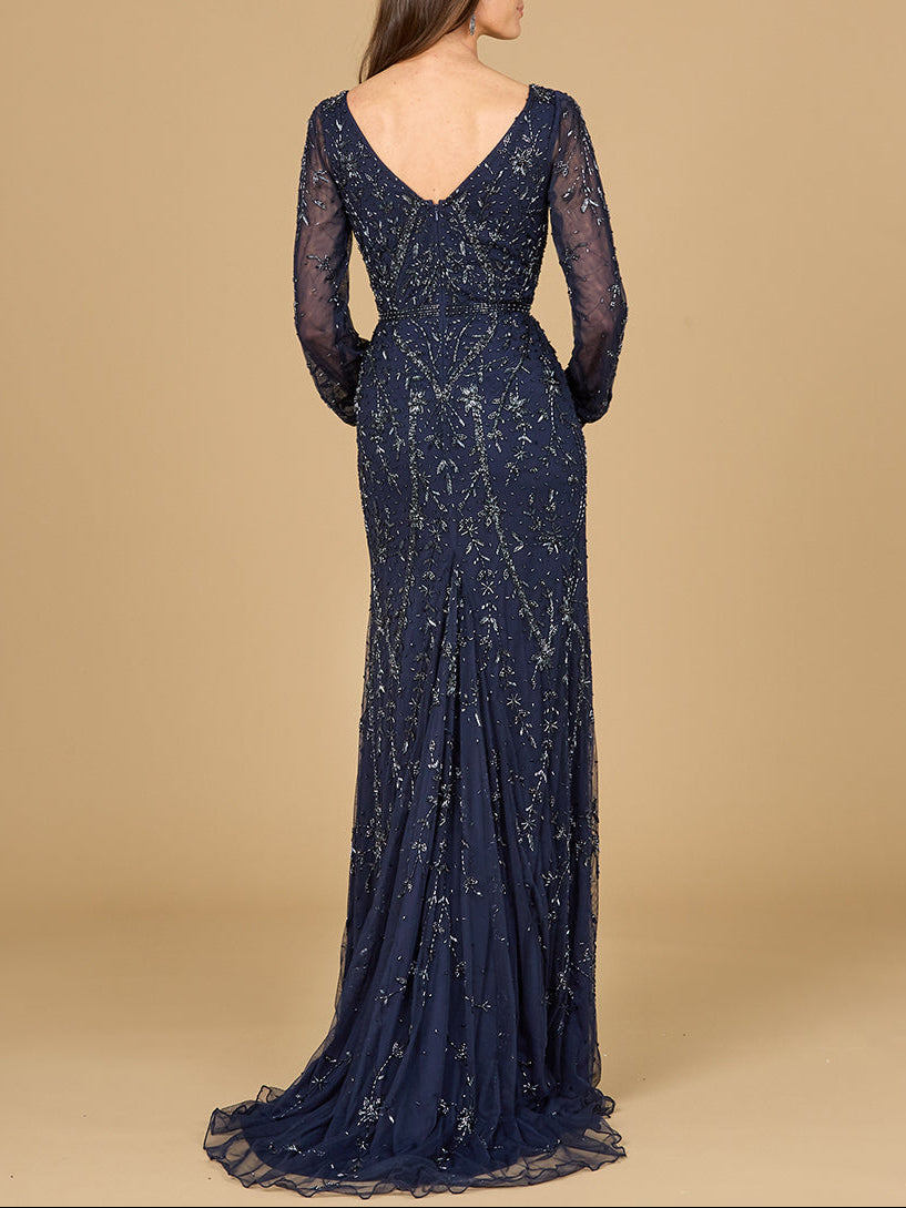 V-Neck Beaded Gown with Sleeves | 29120
