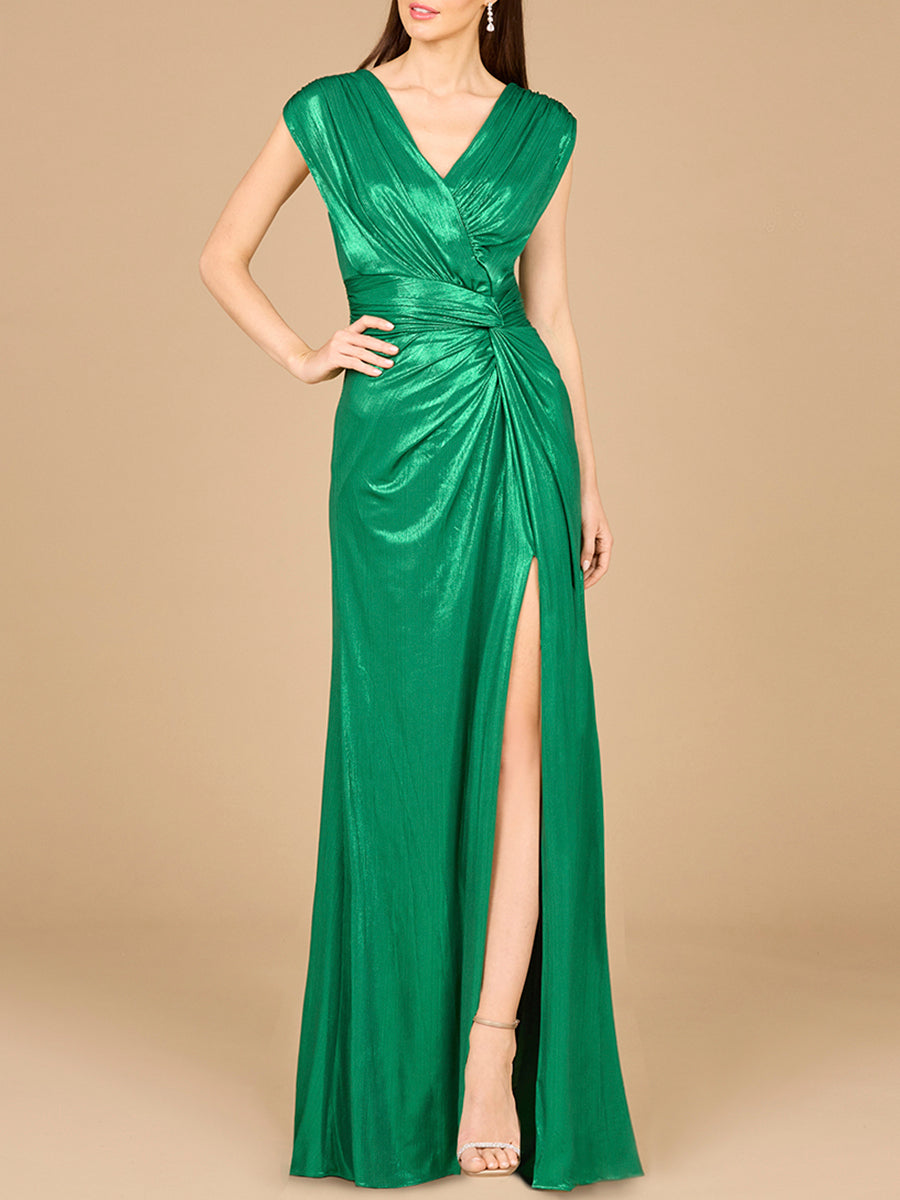 V-Neck Metallic Dress with Slit - OUTLET