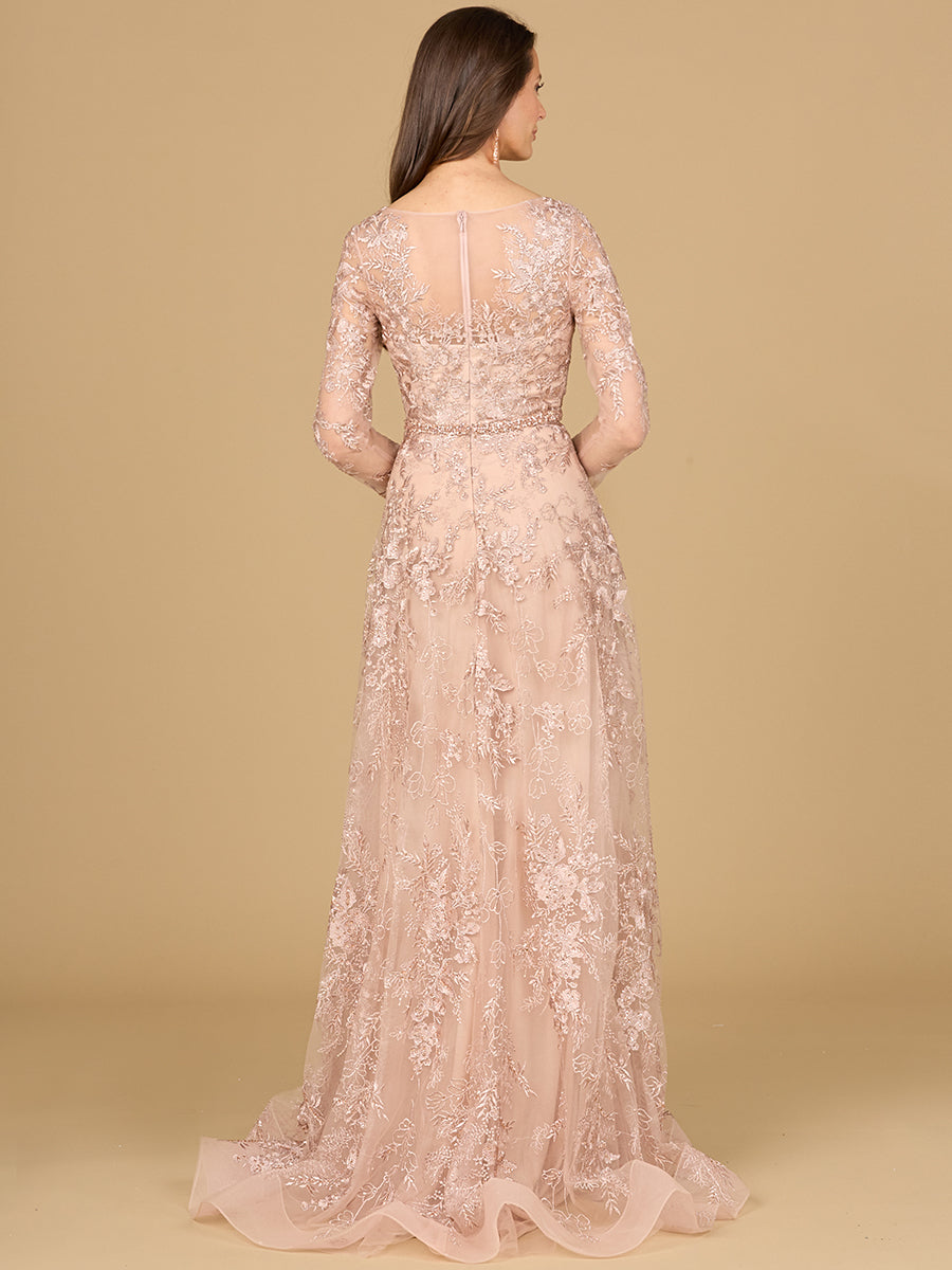 Long Sleeve V-Neck Lace Gown with Beaded Belt