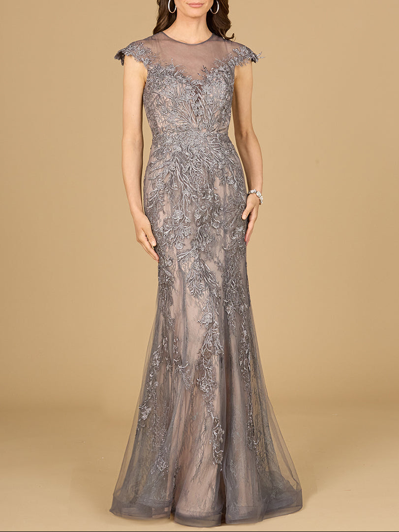 Sheath Lace Gown with Cap Sleeves